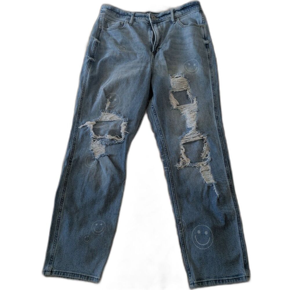 Hollister Y2k Distressed Boyfriend Jeans Smiley Face Graphic Ripped Denim 11